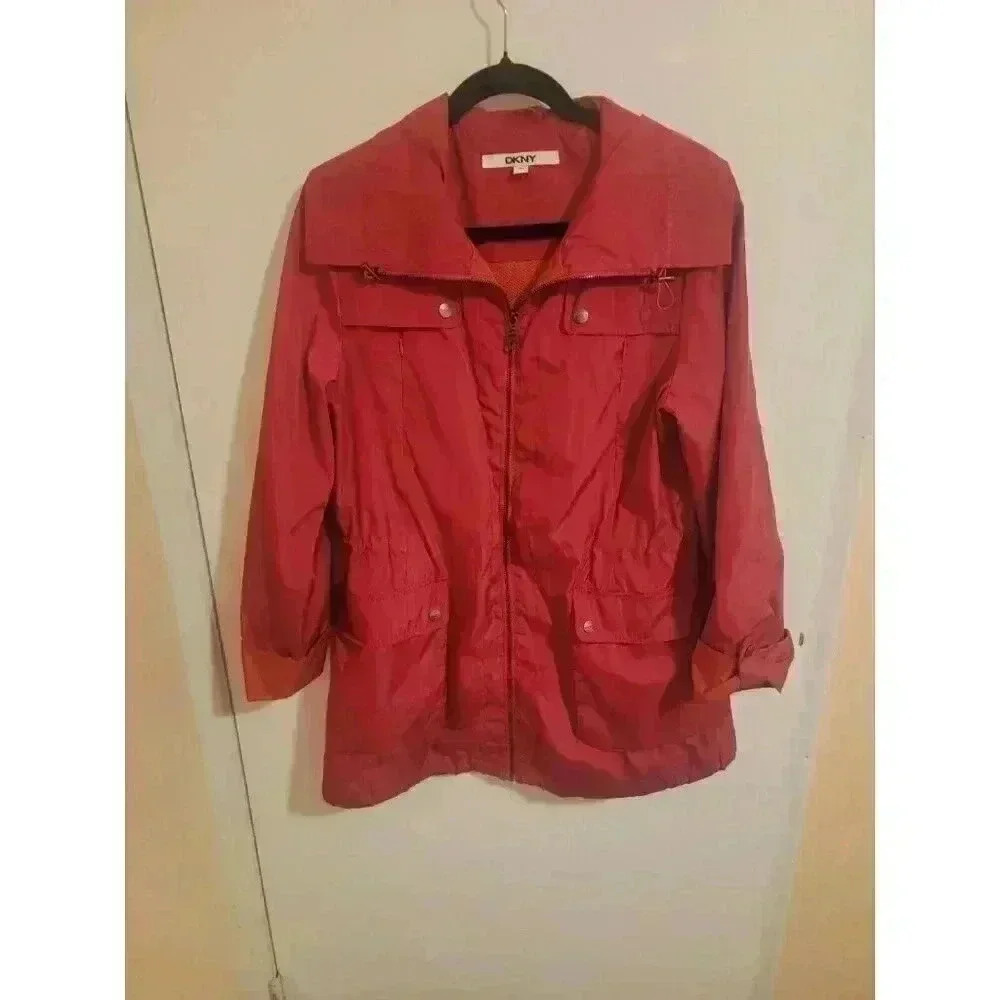 DKNY Jacket Womens Medium Pockets ZipUp Collar Barbiecore Classic Timeless